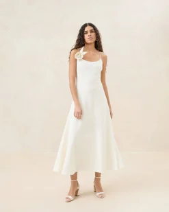 Loeffler Randall Cassidy Cream Slim Rosette Dress| SOMETHING BLUE|FOR THE BRIDE