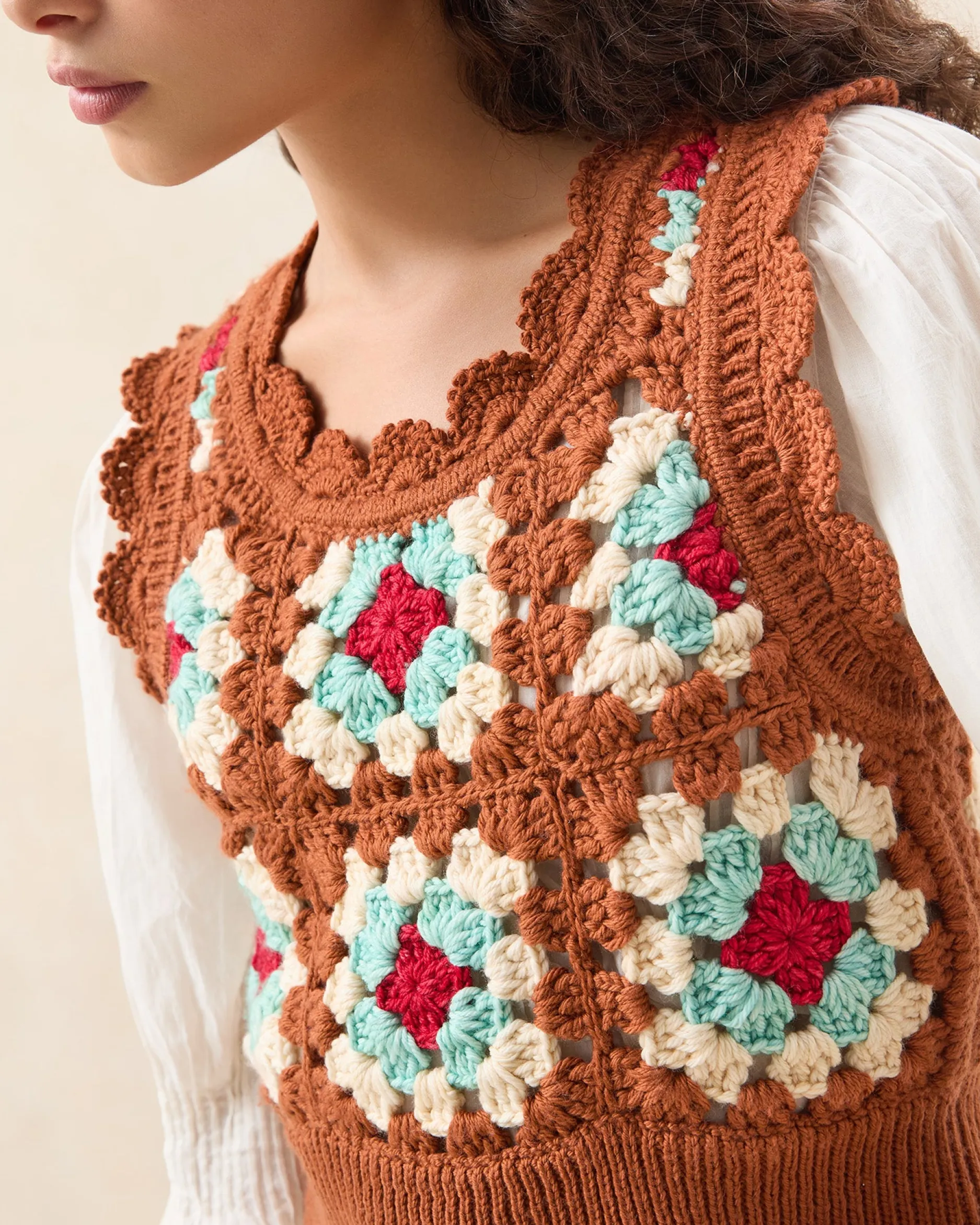 Loeffler Randall Eddie Brown/Cream Floral Vest| Knitwear|Tops