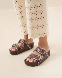 Loeffler Randall Jack Espresso Leather Studded Sandal| Flat Sandals