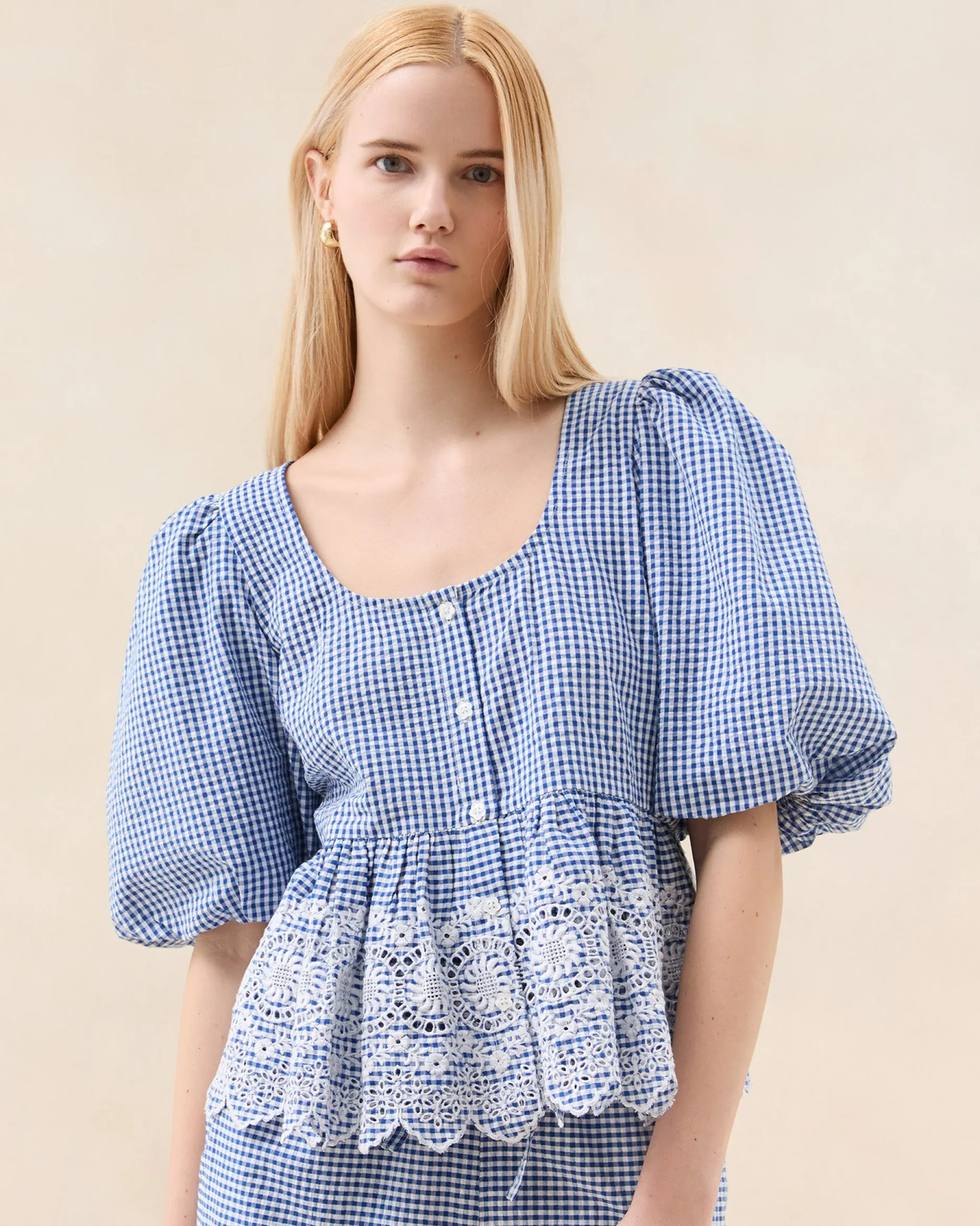 Loeffler Randall Jodie Blue Gingham Embroidered Top| Matching Sets|Tops