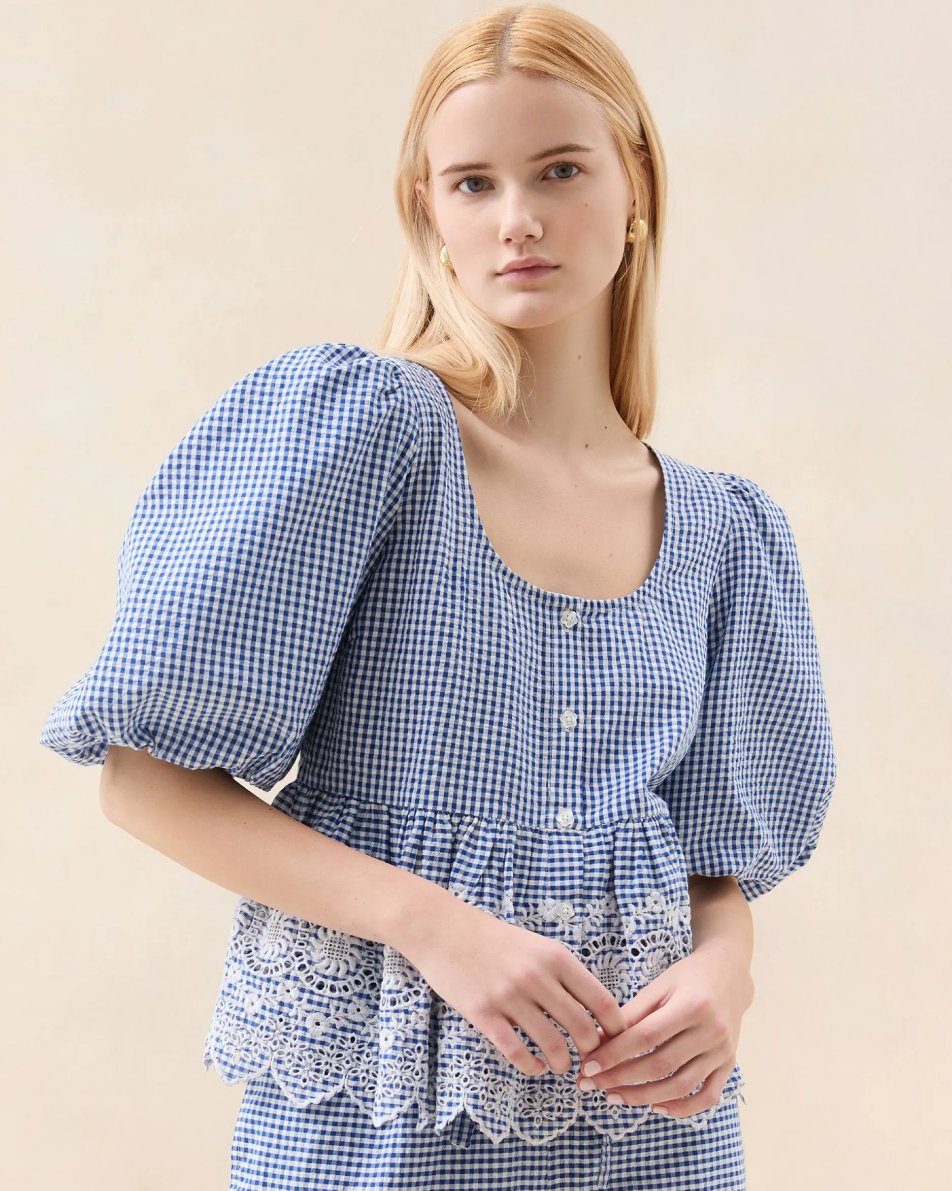 Loeffler Randall Jodie Blue Gingham Embroidered Top| Matching Sets|Tops